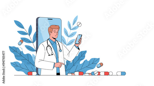 Medical professional providing online consultation through a smartphone screen surrounded by falling medicine pills and leaves.