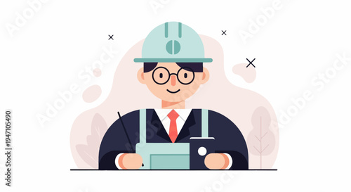 Flat design engineer wearing hard hat, glasses, and suit at desk