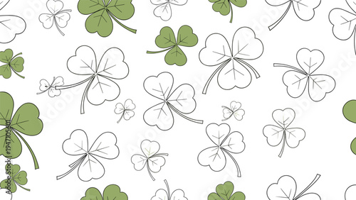 Seamless repeating pattern of various green and outlined shamrock clovers scattered across a clean white background for st patricks day.