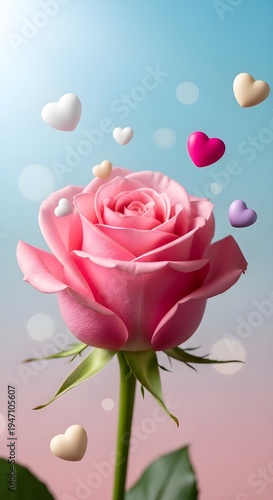 Elegant Close-Up Pink Rose With Whimsical 3D Floating Hearts On A Soft Pastel Ombre Background In Portrait Style