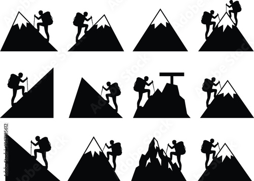 Mountain climbing and hiking silhouette icon set with backpacker climber reaching summit adventure outdoor trekking vector illustration collection