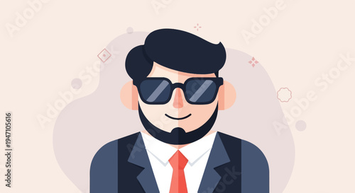 Flat illustration of a man with beard, sunglasses, and suit
