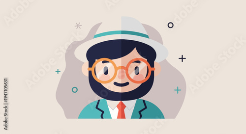 Flat illustration of a man with glasses, beard, hat and suit