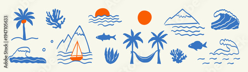 Doodle hand-drawn boho summer set. Naive seaside icons: palms, coral, waves, a rising sun,mountains by the sea, fish, a sailboat,seaweed,a hammock between trees,evoking a tropical coast and ocean life