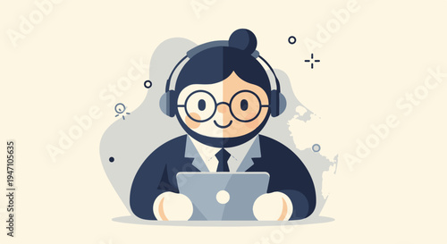 Flat illustration of a person with headphones and glasses working on a laptop