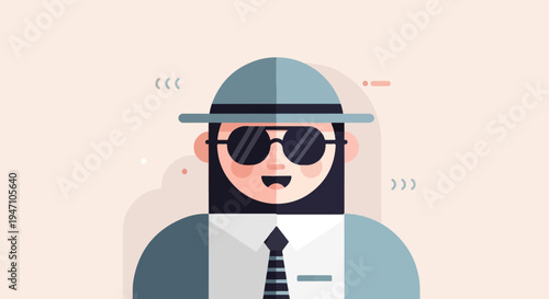 Flat illustration of a person wearing sunglasses, a hat, and a tie