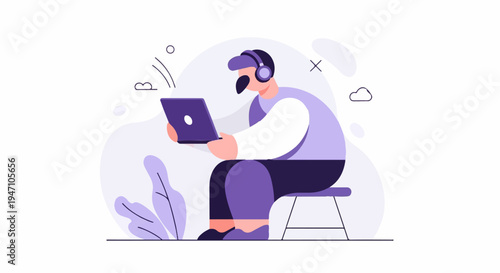 Person wearing headphones using a laptop while sitting on a stool