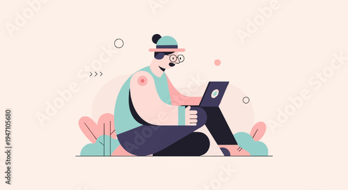 Person in hat and glasses working on laptop with plants