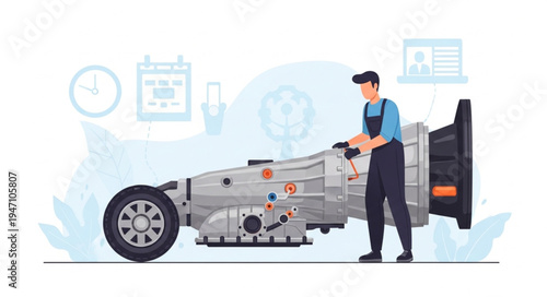 Mechanic working on car transmission.