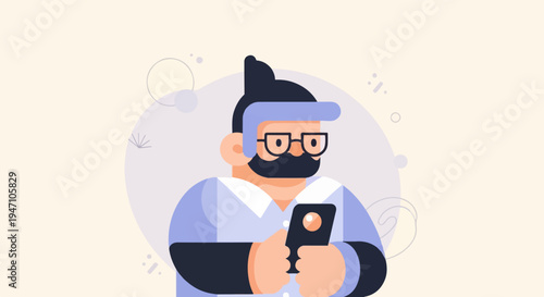 Illustrated man with beard, glasses, and blue headband using smartphone