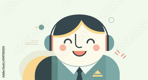 Cheerful person with headphones in a flat, stylized illustration