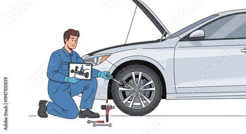 Mechanic working on car tire.