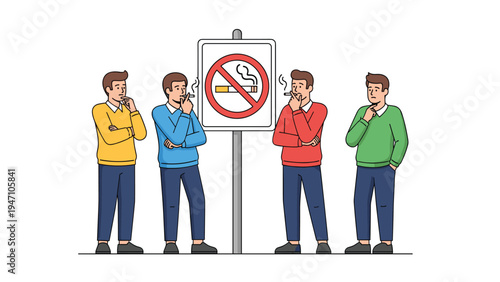 Group of men standing near a no smoking sign with some choosing to smoke and others abstaining for public health awareness.