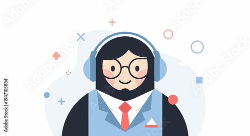 Friendly cartoon person wearing headphones and a suit, looking cheerful