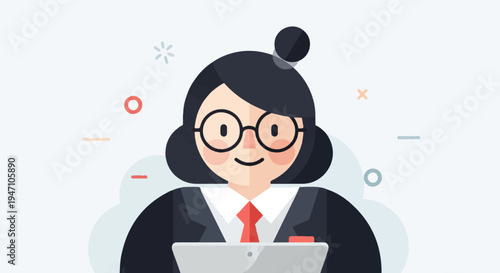 Professional woman with glasses using a tablet, abstract shapes in background