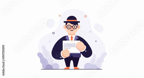 Cheerful cartoon man in suit and bowler hat holding a document