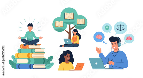 E-Learning and Personal Development: Students studying online, focusing on mental health, knowledge, remote education, and self-improvement concept illustration.