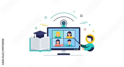 E-Learning Virtual Classroom Concept. Online Teacher conducts video conference lesson for students on desktop computer with graduation cap.