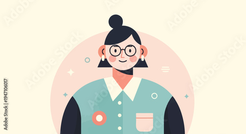 Cartoon portrait of a woman with glasses and a bun hairstyle
