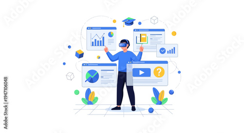 Immersive Virtual Learning and Data Analysis via VR Headset. Man interacts with floating dashboards and educational content in Metaverse EdTech.