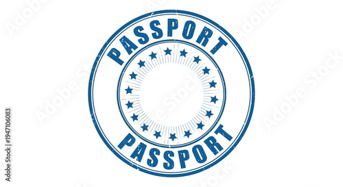 Blue passport stamp with the word passport and a circular star design