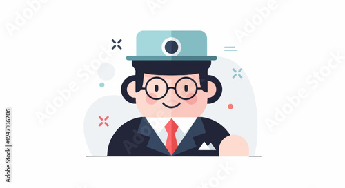Cartoon man in suit, tie, and hat with glasses
