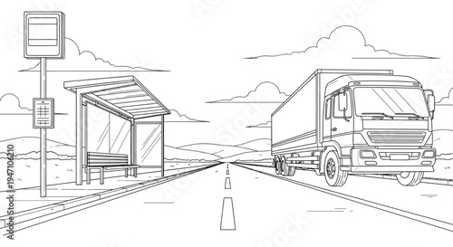 Line drawing of a truck passing a bus stop with a shelter and signage