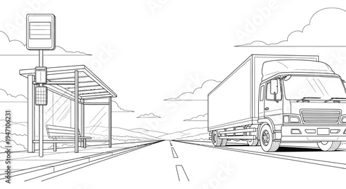 Line drawing of a highway scene with a bus stop and a large truck