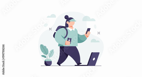 Person with backpack and phone walks past laptop and plant