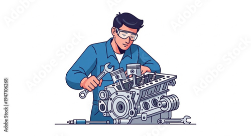 Mechanic working on engine.