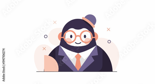 Cartoon gorilla in a suit and tie, wearing glasses and a hat