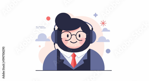 Cartoon call center agent with headphones and suit, smiling