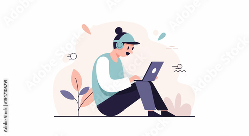 Person with headphones and laptop sits in a serene, minimalist setting