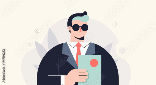 Stylized man in a suit, sunglasses, and tie, holding a folder