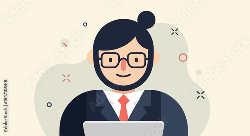 Stylized person in glasses and suit with bun, working on laptop