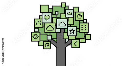 A stylized tree illustration with various icons and symbols on green squares, set against a clean white background.