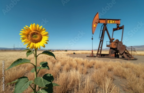 Single sunflower blooms in dry field near old pump jack rig. Clear blue sky over rural landscape with energy extraction equipment. Natural beauty contrasts industrial operation.
