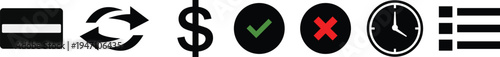Set of including equal sign, arrows, dollar sign, check, cross, clock, and bars