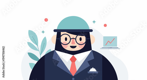 Stylized person in suit with glasses, tie, pocket square, laptop, and plant