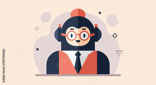 Stylized cartoon character with glasses and headphones on light background