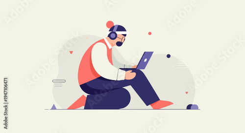Stylized person wearing headphones, working on a laptop