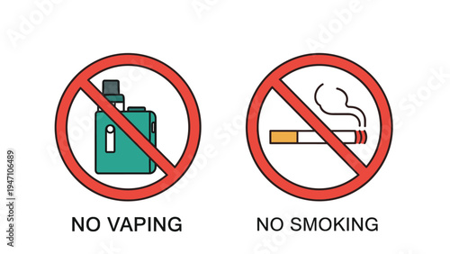 Pair of regulatory signs with red circles and slashes indicating no vaping and no smoking rules for a healthy environment.