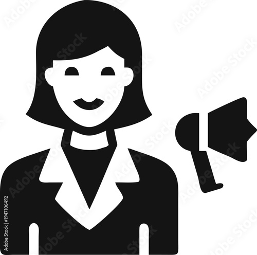 Smiling businesswoman icon cheerfully announcing a message with a handheld megaphone