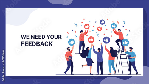 Joyful team of business people celebrating success and positive reviews by holding up various thumbs up social media icons.