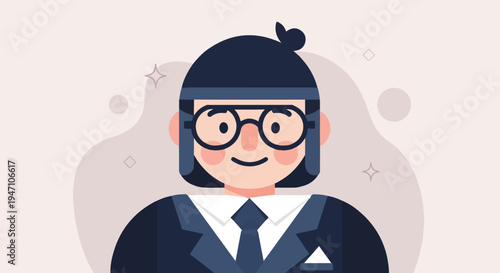 Stylized portrait of a cheerful person wearing glasses and a formal suit