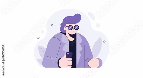 Stylized character with purple hair wearing glasses and jacket holds phone