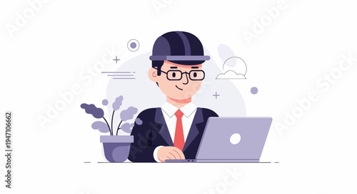 Cartoon man in hard hat and glasses at laptop with potted plant