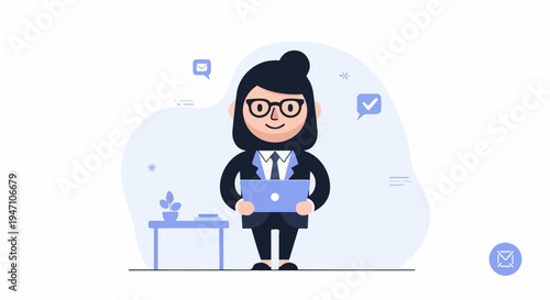 Woman in suit with glasses holds laptop, desk with plant nearby