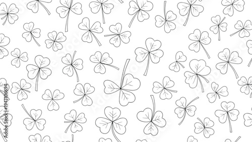 Seamless pattern featuring a dense arrangement of hand drawn outlined shamrock clovers on a clean white background for spring.