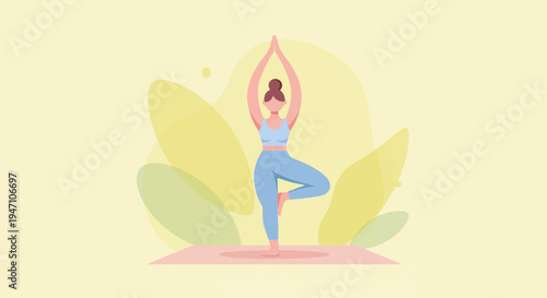 Woman practicing yoga tree pose on mat with abstract nature background